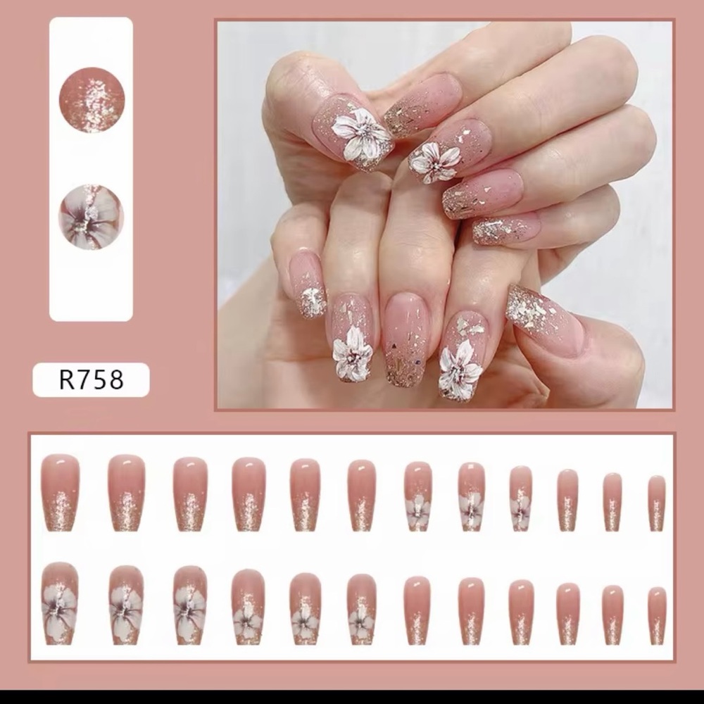 Randomly 24 pic press on nail Pink Floral Glitter Press-On Nails